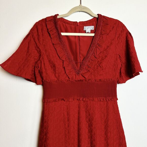 Finders Keepers Memento Dress Red Asymmetrical Ruffle Hem Embroidery Sz M - Picture 3 of 16